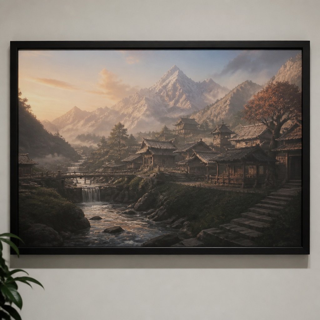 Framed game concept art — a quiet mountain village at dawn
