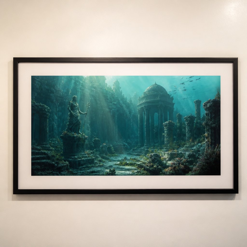 Framed game concept art — an underwater ruin with light rays