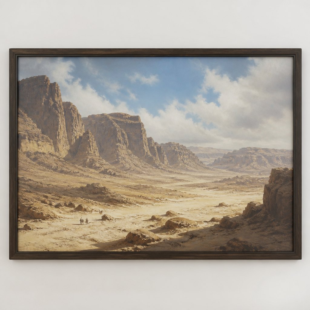 Framed game concept art — a calm desert canyon under a wide sky